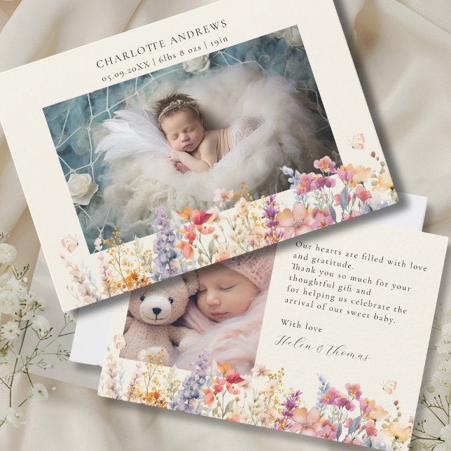 Modern, Wildblomma, 2 foto Nyfödd bebis Tack Kort (Modern, Wildflower, 2 Photo New Baby Thank You Card. Gender neutral, for Baby Girl & Baby Boy.)