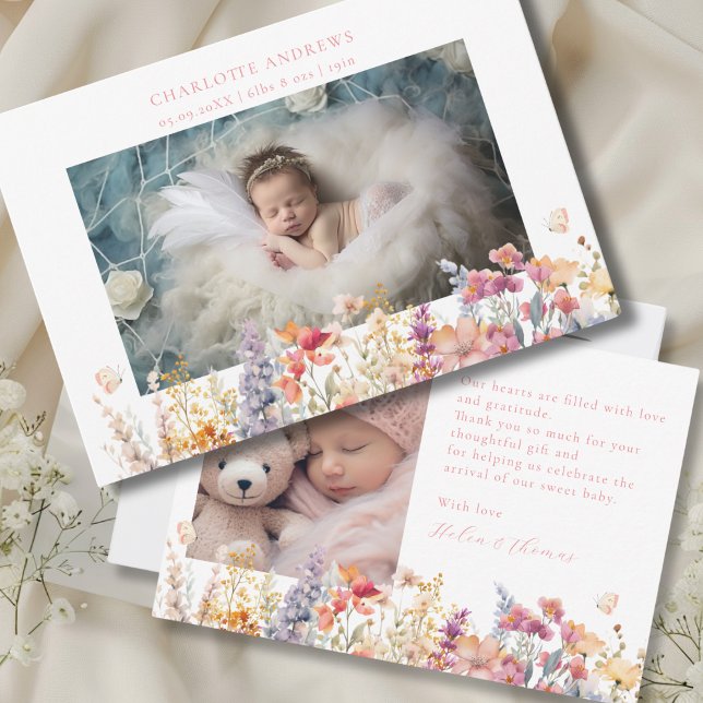 Modern, Wildblomma, 2 foto Nyfödd bebis Tack Kort (Modern, Wildflower, 2 Photo New Baby Thank You Card. , For Baby Girl.)