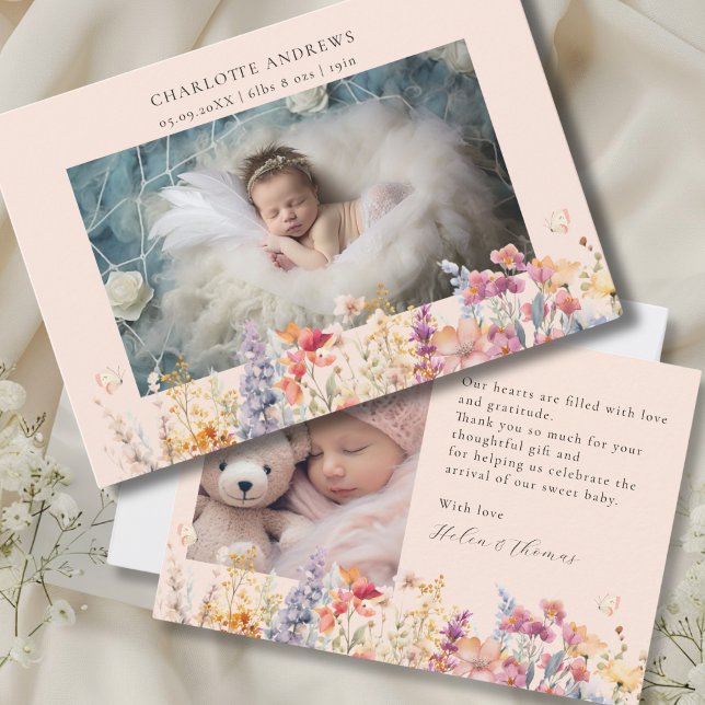 Modern, Wildblomma, 2 foto Nyfödd bebis Tack Kort (Modern, Wildflower, 2 Photo New Baby Thank You Card. For Baby Girl.)