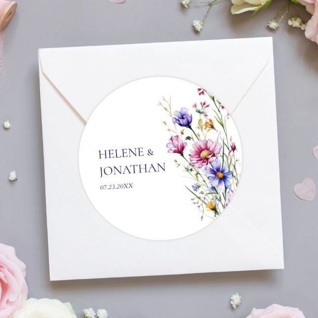 Modern Wildblomma Blommigt Bröllop Runt Klistermärke (Modern Wildflower Floral Wedding Classic Round Sticker)