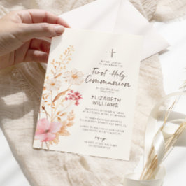 Modern Wildblomma Garden First Heliga Communion Inbjudningar