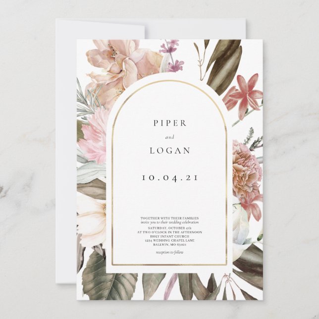 Modern Wildblomma Guld Arch Bröllop Inbjudningar (Framsida)