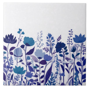 Modern Wildblomma Mörk blått och vit Blommigt Flow Kakelplatta