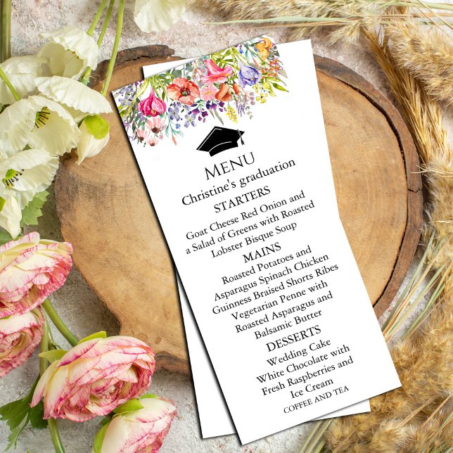 Modern Wildblomma Vår Menu Studenten Inbjudningar (Modern Wildflower Spring Menu Graduation Invitation #dinnermenu #rusticinvitation #graduate)