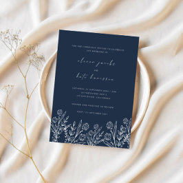 Modern Wildblomman Navy Blue Bröllop Inbjudningar