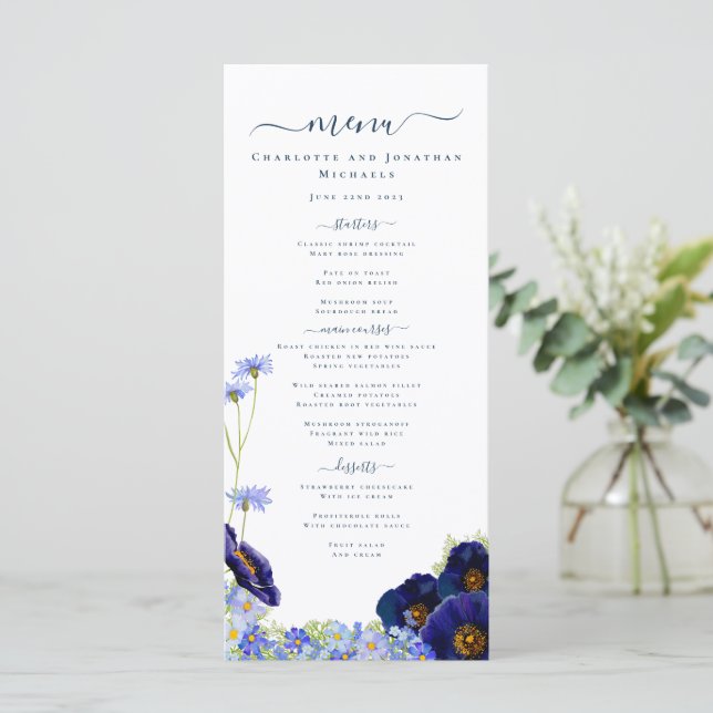 Modern WildblommBlue Boho Bröllop Menu Meny (Stående Fram)