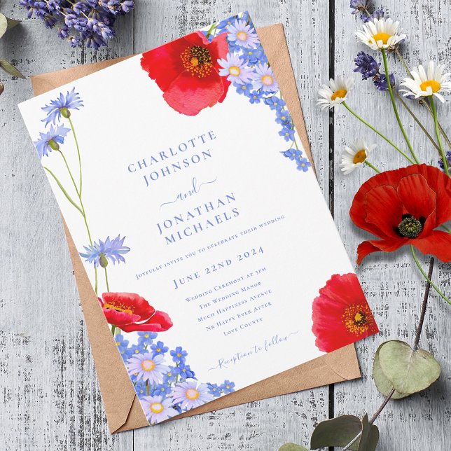 Modern WildblommBlue Bröllop Inbjudningar (Modern wildflower watercolor with poppy cornflower and daisy wedding invitation)
