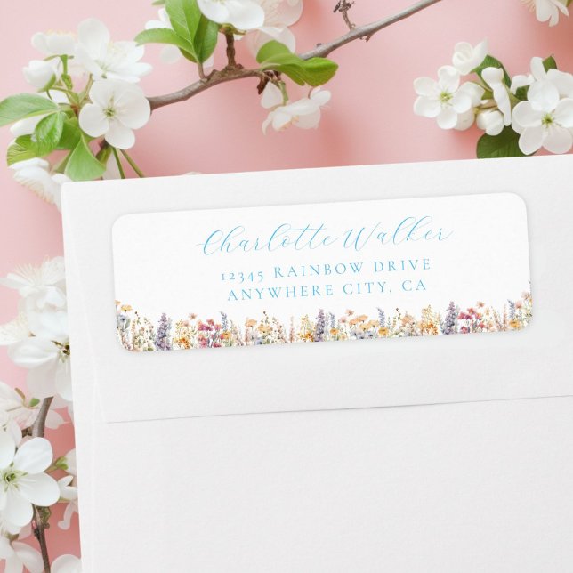 Modern, Wildblomme Baby Shower Adress Returadress Etikett (Modern, Wildflower Baby Shower Address Label with your name and date)