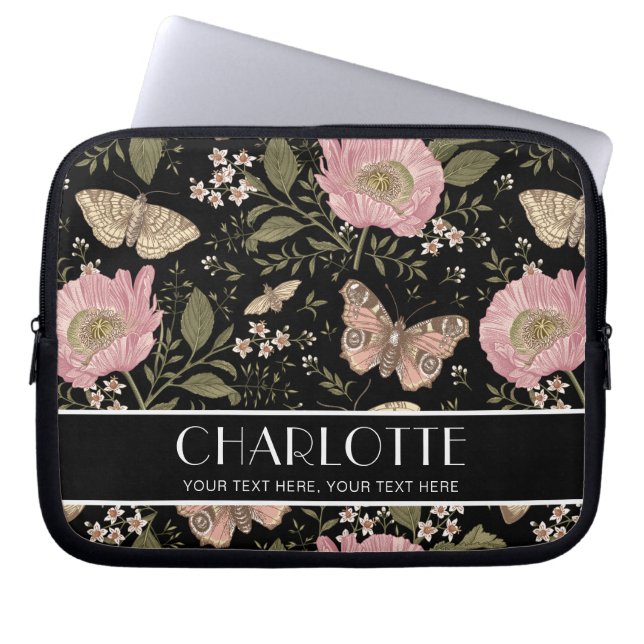 Modern Wildblomme Botanical Black Blommigt Monogra Laptop Fodral (Framsidan)