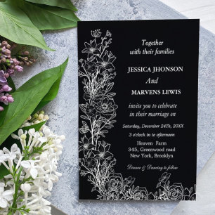 Modern Wildblommes svarta bröllopsinbjudan Inbjudningar