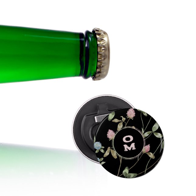 Modern Wildblommonogram Black Rosa Grönt Klöver Flasköppnare (Black Clover Monogram Bottle Opener ©Susanne Sachers - Sunny Mind Design 🌞)