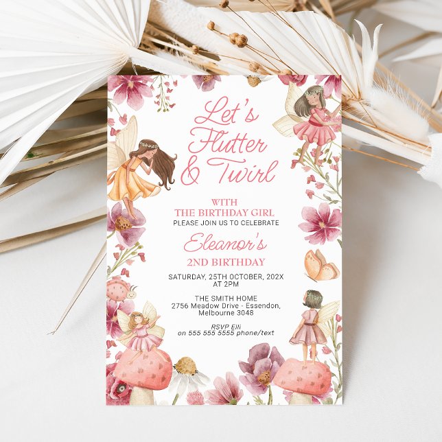 Modern Wildblommor Flutter Twirl Fairy Birthday Inbjudningar (Wildflowers and Fairies Birthday Invitation, Lets Flutter and Twirl Fairy Invitation, Any Age Fairy )