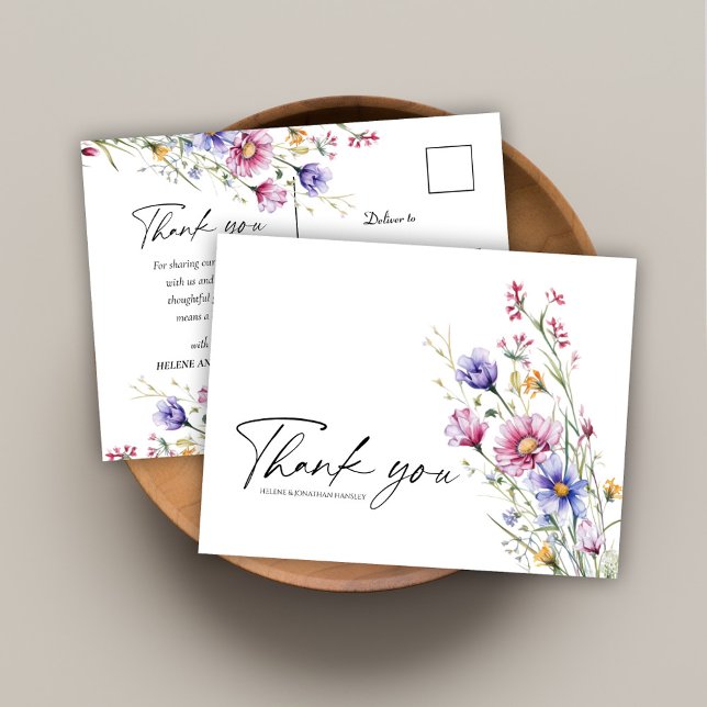 Modern Wildbloms Blommigt Elegant bröllop Tack Vykort (Modern Wildflower Floral Elegant Wedding Thank You Postcard)