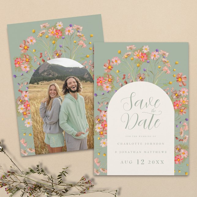Modern Wildblomsage Sage Grönt Photo Arch Bröllop Spara Datumet (Boho wildflower rustic photo arch sage green wedding save the date invitation Elegant script)