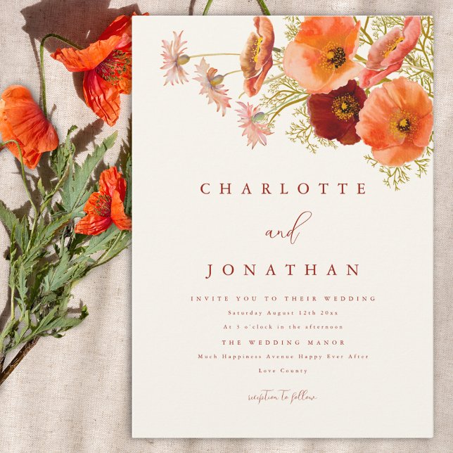Modern Wildblomsterbröllop Inbjudningar (Modern wildflower wedding invitation with orange watercolor florals and stylish script )