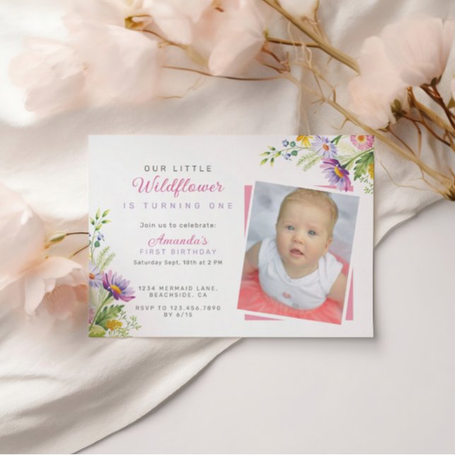 Modern Wildblomsterskript Foto 1:a födelsedag Inbjudningar (Skapare uppladdad)