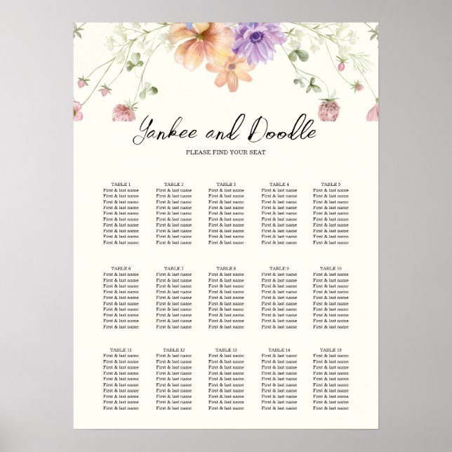 Modern wildflowers spring wedding Seating Chart Poster (Framsidan)
