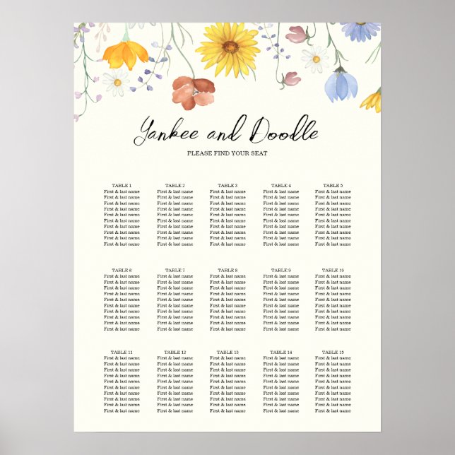 Modern wildflowers spring wedding  Seating Chart Poster (Framsidan)