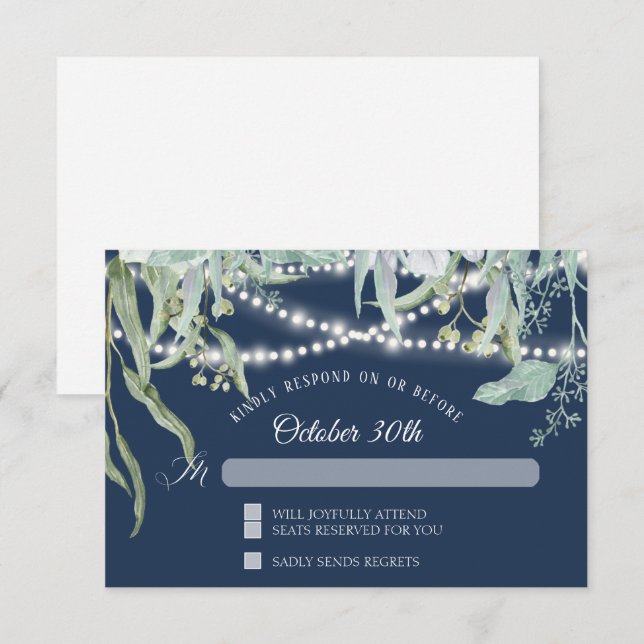 Modern Winery Eukalyptus Twinkle Lights Navy RSVP Inbjudningar (Fram/baksida)
