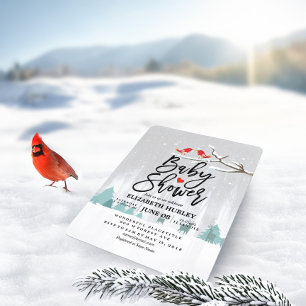 Modern Winter Baby Shower Snö Scene Bird Reindeer Inbjudningar