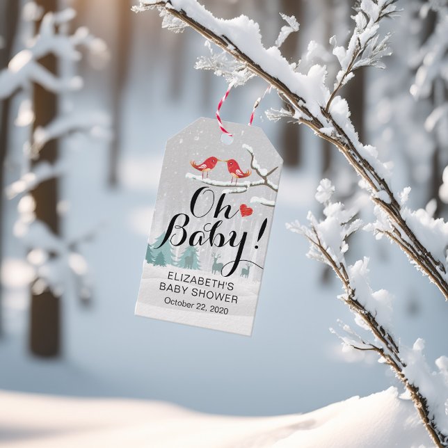 Modern Winter Baby Shower Snö Scene Bird Reindeer Presentetikett (Skapare uppladdad)