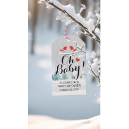 Modern Winter Baby Shower Snö Scene Bird Reindeer Presentetikett