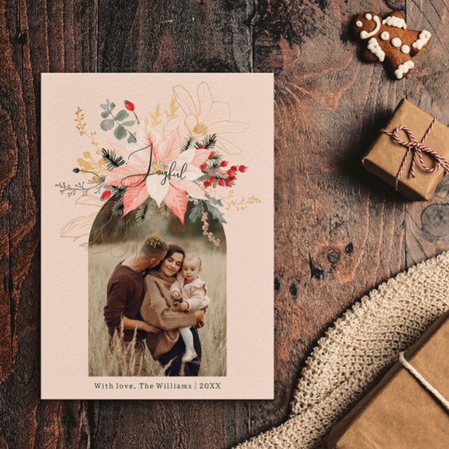 Modern Winter Blommigt Arch Glatt Rosa 2-foto Julkort (Skapare uppladdad)