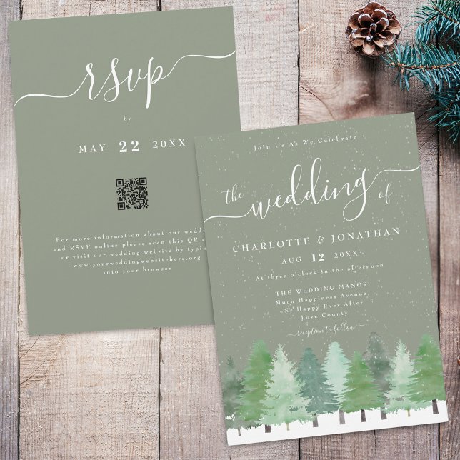 Modern Winter Forest Sage Grönt Bröllop QR-kod Inbjudningar (Winter Woodland forest watercolor sage green and white wedding qr code invitation Elegant script)