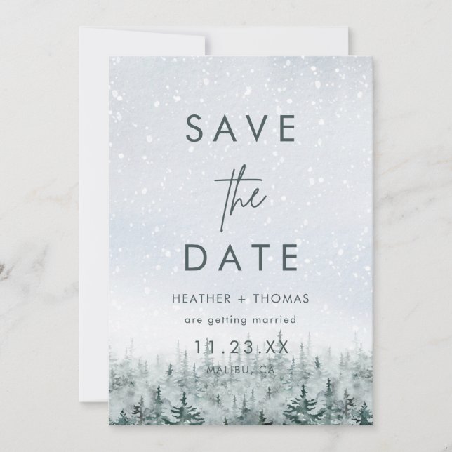 Modern Winter Forest Wedding Save the Date (Framsida)