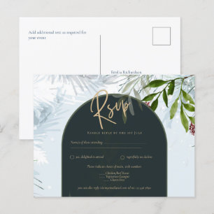 Modern Winter Greenery Bröllop Guld Text Teal Arch Vykort