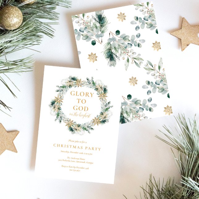 Modern Winter Greenery Religiösa jul Party Inbjudningar (Elegant, Glory to God Bible verse religious Christmas party invitation for Christians)