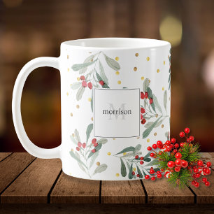 Modern Winter Helgdag Botanicals Guld Monogram Kaffemugg