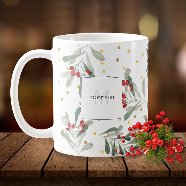 Modern Winter Helgdag Botanicals Guld Monogram Kaffemugg (Skapare uppladdad)