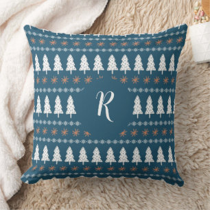 Modern Winter Julgran Mönster Monogram Blue Kudde