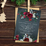 Modern Winter Navy Red Blommigt Jul Open House Inbjudningar<br><div class="desc">Vattenskall för öppen inbjudan till företag under eleganten Vattfärg Jul med röd burgundi och vit ro buketter med säsong grönt fir grenar,  rödbär och löv över mörken vid midnattsfiske med blå krita.          Anpassa den med dina uppgifter!                   Inbjudan är lämplig för vinterhelgdagar/elegant-chic för rustik land blommigt party/affärsföretags säsong-evenemang.</div>