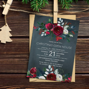 Modern Winter Navy Red Blommigt Jul Open House Inbjudningar