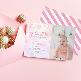 Modern Winter ONEderland Rosa Girl Girl 1 Birthday Inbjudningar