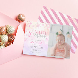Modern Winter ONEderland Rosa Girl Girl 1 Birthday Inbjudningar