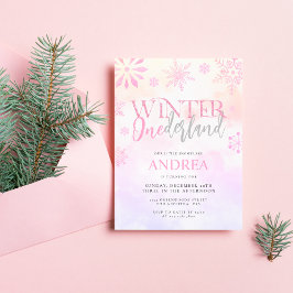 Modern Winter ONEderland Rosa Girl Girl 1 Birthday Inbjudningar
