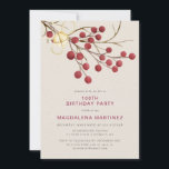 Modern Winter Red Berry 100:e Födelsedagsfesten Inbjudningar<br><div class="desc">En vacker chic rustik födelsedag för en vinterfödelsedagsfest. Den har röda brandbär på en ren gren som har en guld-klocka och en tråd.</div>