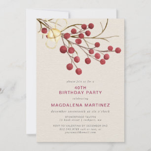 Modern Winter Red Berry 40:e födelsedagen Party Inbjudningar