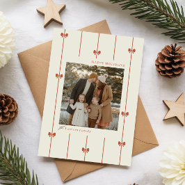 Modern Winter Red Bow Family Photo Christmas Julkort