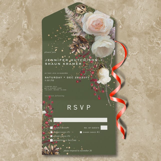 Modern Winter Ro och Red Berries Grönt Middag (Modern Winter Roses & Red Berries Green Dinner All In One Invitation)