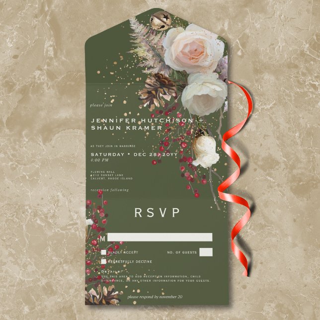 Modern Winter Ro och Red Berries Grönt nr Middag (Modern Winter Roses & Red Berries Green No Dinner All In One Invitation)