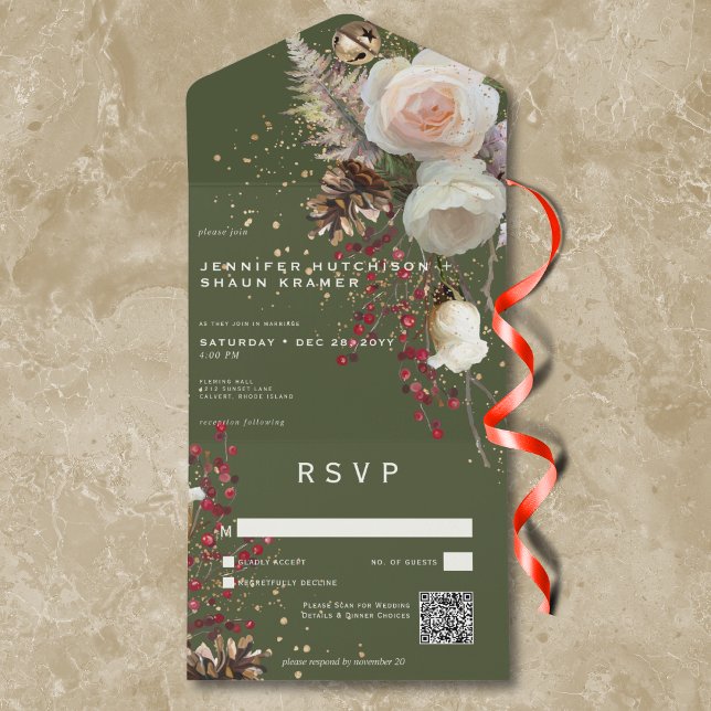 Modern Winter Ro & Red Berries Grönt QR-kod (Modern Winter Roses & Red Berries Green QR Code All In One Invitation)