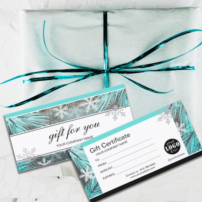 Modern Winter Snö Gift Certificate (#zazzlemade #winter #holiday #christmas #aquablue #snow #leaves #snowflakes #ModernWinterSnow )