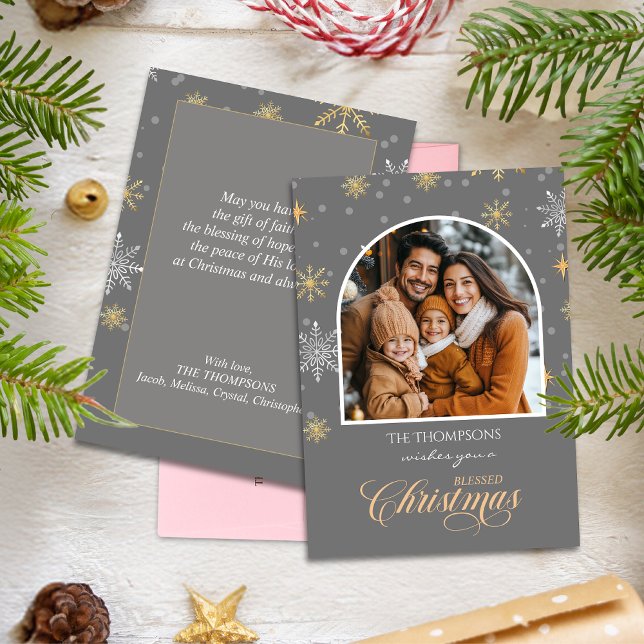 Modern Winter Snöflingor Photo Grått jul Julkort (Skapare uppladdad)