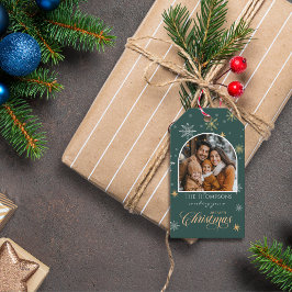 Modern Winter Snöflingor Photo Grönt jul Presentetikett