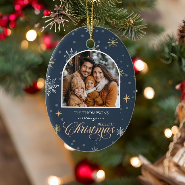 Modern Winter Snöflingor Photo Navy Blue jul Julgransprydnad Keramik (Skapare uppladdad)