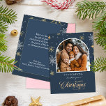 Modern Winter Snöflingor Photo Navy Blue jul Julkort<br><div class="desc">Sprid helgdag cheer med anpassningsbarna Photo Modern Julhälsningar Card. Med ditt foto på framsidan omgiven av vintermanuset snöflingor och elegant jul hälsning. Ställe ditt foto på kortet och skriva din egen hälsning.</div>